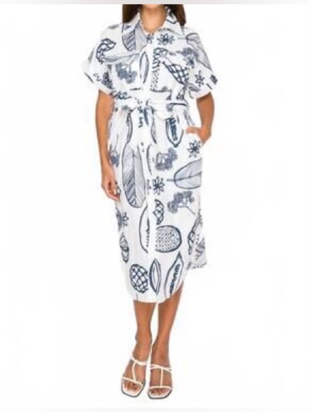 Meet Me in Santorini White & Navy Printed Shirt Dress with Tie Waist